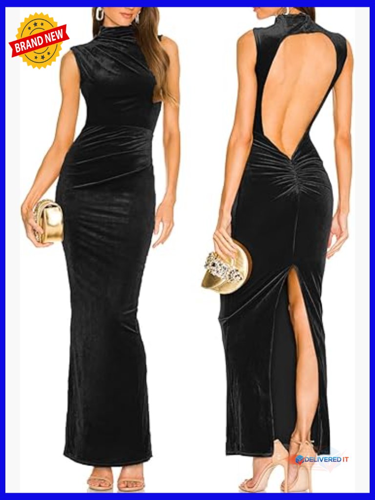Velvet Maxi Dress Backless Bodycon Formal Cocktail Party High Neck